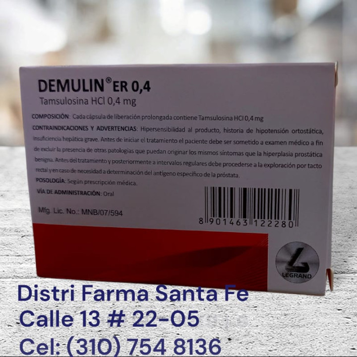 DEMULIN ER 0.4MG X 30 CAPSULAS (TAMSULOSINA HCI)